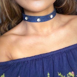 Denim choker Necklace Triple Gem